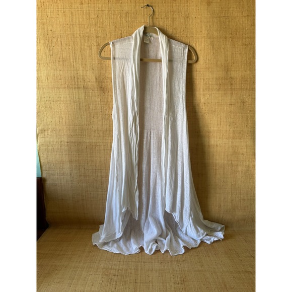 Avalin Sweaters - Avalin White 100% Linen Sleeveless Open Front Longline Flared Knit Vest Large